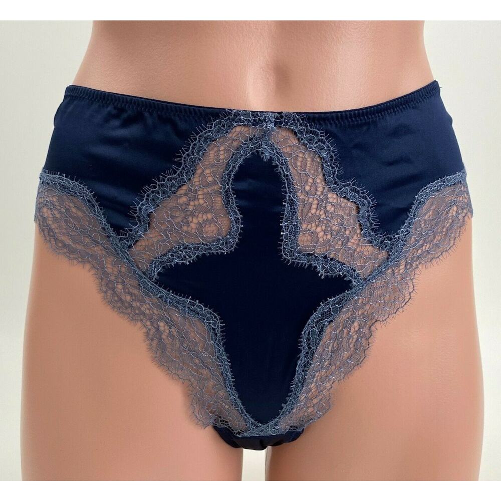 Victoria's Secret Dream Angels Satin Lace Trim Navy Blue Brazilian Slip Size S